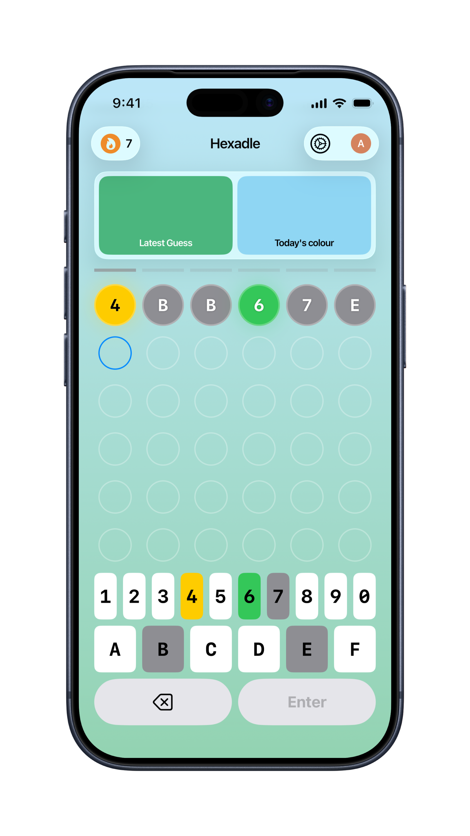 Hexadle gameplay: blue-green colour theme, first guess entered