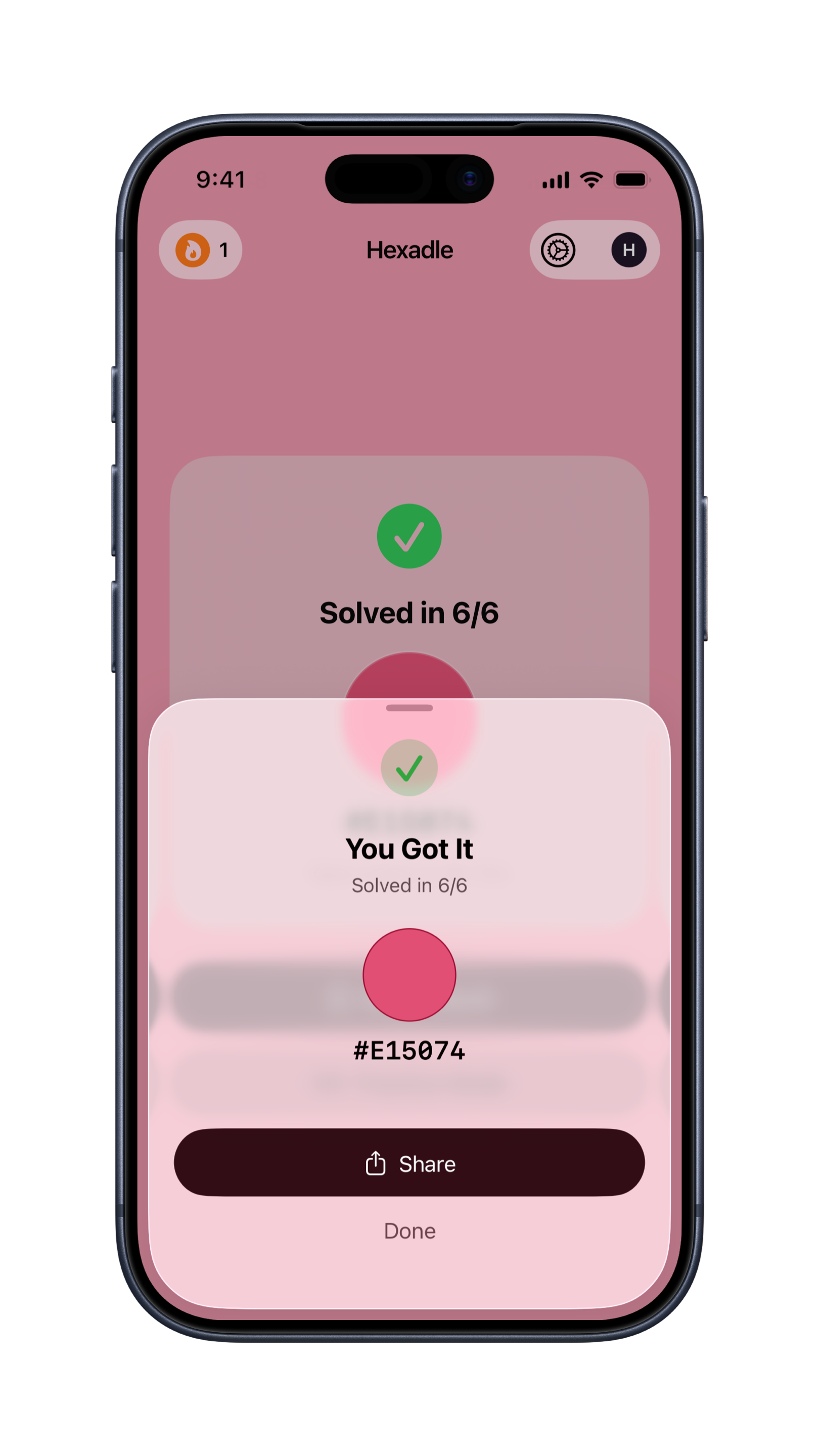 Hexadle success screen: You Got It, solved in 6/6