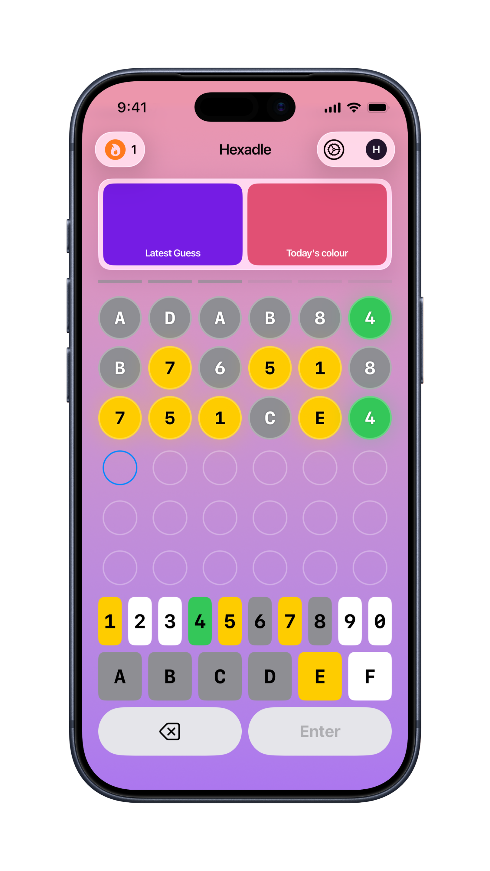 Hexadle gameplay: purple and pink theme, three rows of guesses